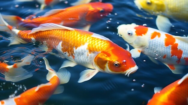 A group of orange and white fish swimming in water