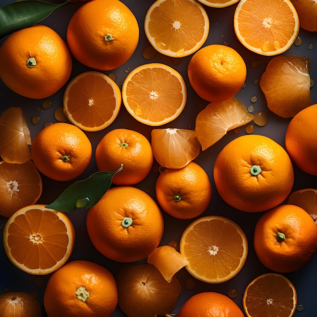 한 그룹의 오렌지가 테이블 위에 놓여 있고 오른쪽에는 오렌지가 하나 있습니다.
