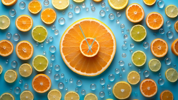 A Group of Oranges on Blue Surface