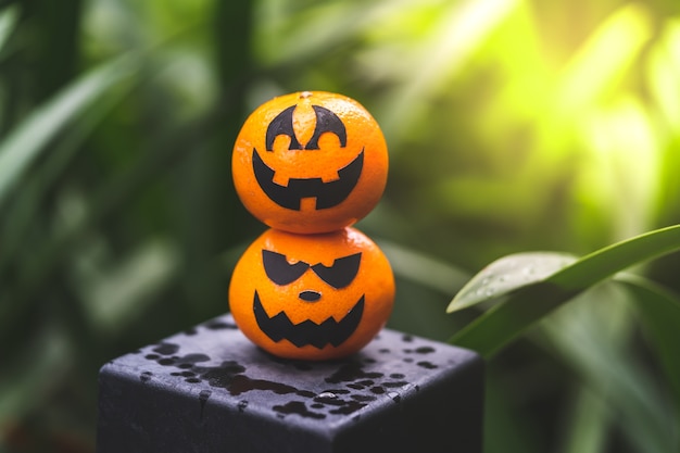 Foto il gruppo di arance affronta la pittura con spaventoso il giorno della festa di halloween al posto del giardino.