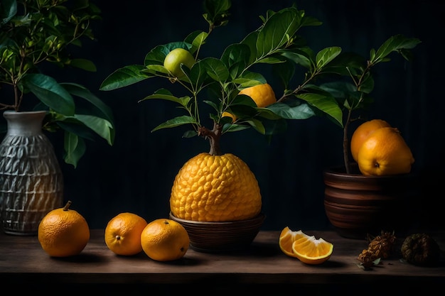 a group of oranges and lemons are on a table with a plant on it