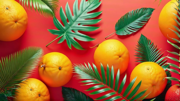 Photo group of oranges and palm leaves on red background