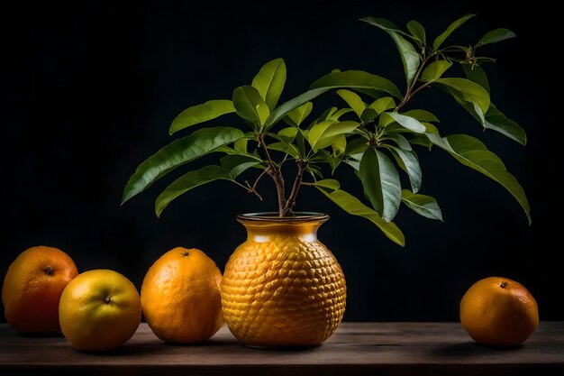 オレンジと植物のグループが真ん中にある植物のテーブルの上にあります