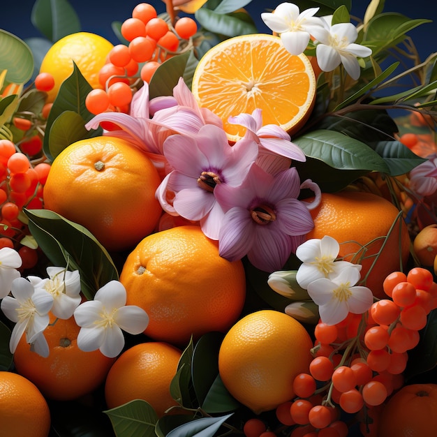 Photo a group of oranges with flowers and leaves