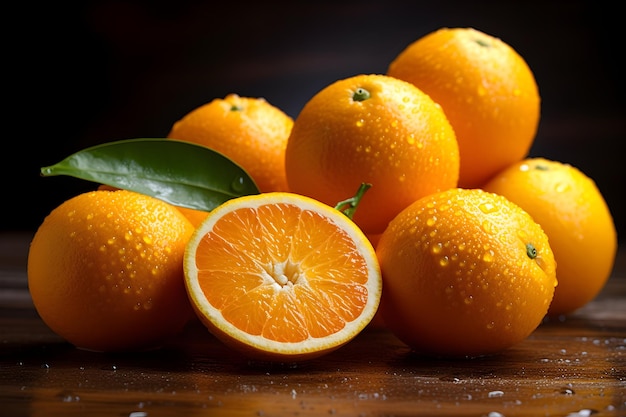 A group of oranges with a green leaf on the top.