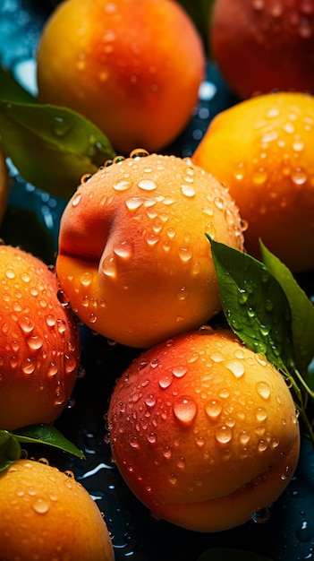 Group of oranges with water droplets on them and leaves Generative AI