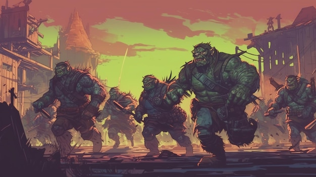 Photo a group of orcs conducting a raid on a scifi research facility fantasy concept illustration painting generative ai