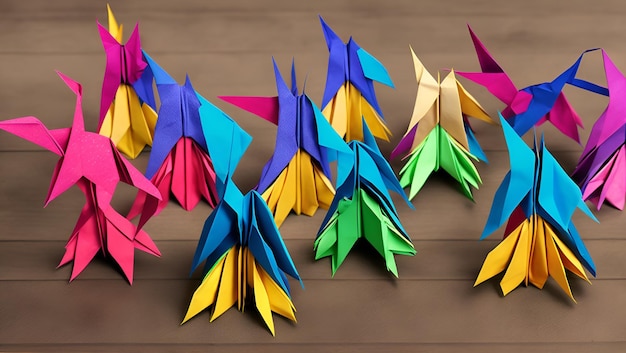 折り紙の鳥のグループがテーブルに並んでいます。