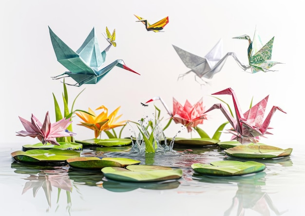 Foto un gruppo di uccelli origami che volano sopra le piante di gigli