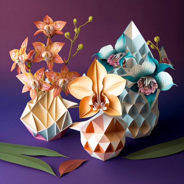 A group of origami flowers are displayed on a purple background.