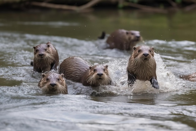 川で魚を追いかけるカワウソの群れ