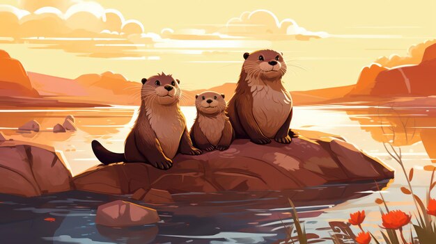 Photo a group of otters on a rock