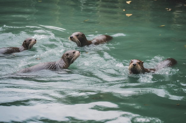 A group of otters swim in a river