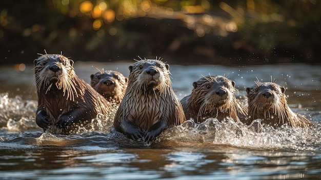 Group of Otters Swimming in Golden Light on River