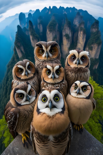 A group of owls are sitting on a mountain.