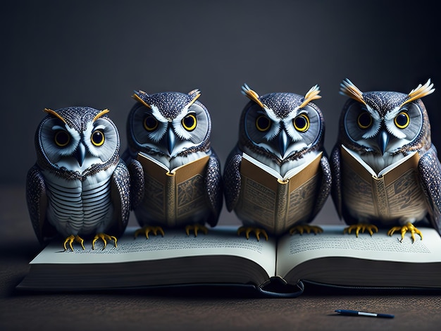 Group of owls reading book and learning ai generative