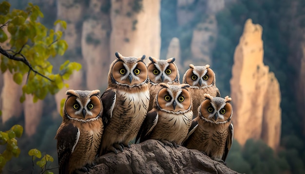 A group of owls sit on a rock in front of a mountain.