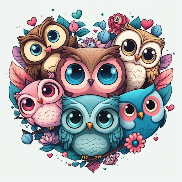 Photo a group of owls sitting on top of each other in a circle generative ai