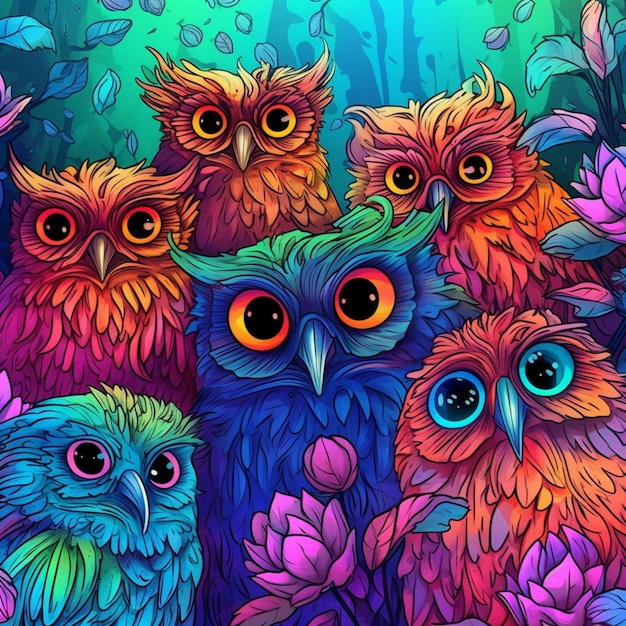 a group of owls sitting on top of a lush green forest generative ai