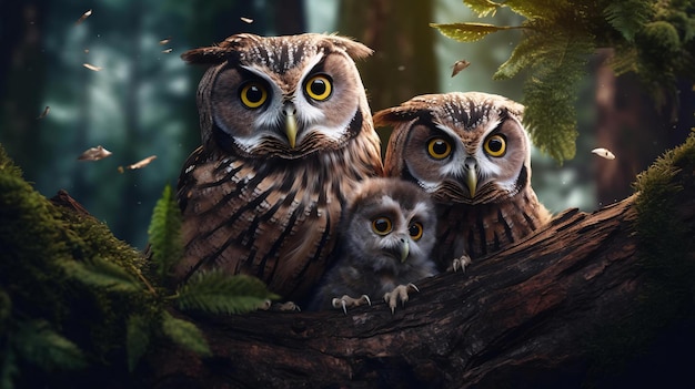 a group of owls on a tree branch