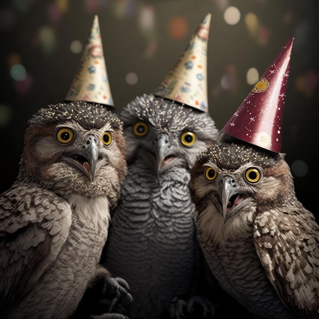 A group of owls wearing party hats with the words happy birthday on the front