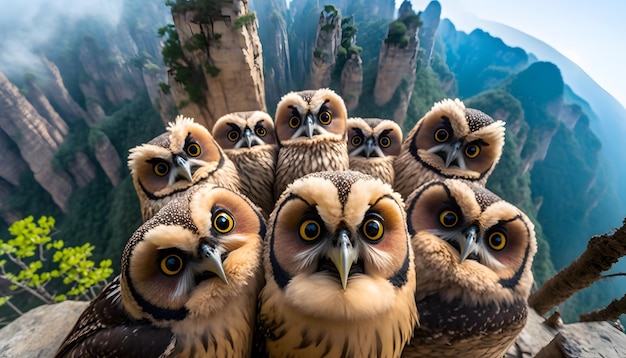 A group of owls with a mountain background