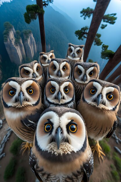 A group of owls with yellow eyes are on a cliff.