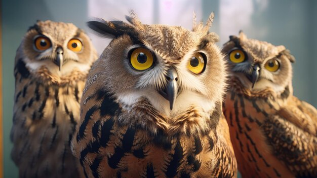 A group of owls with yellow eyes