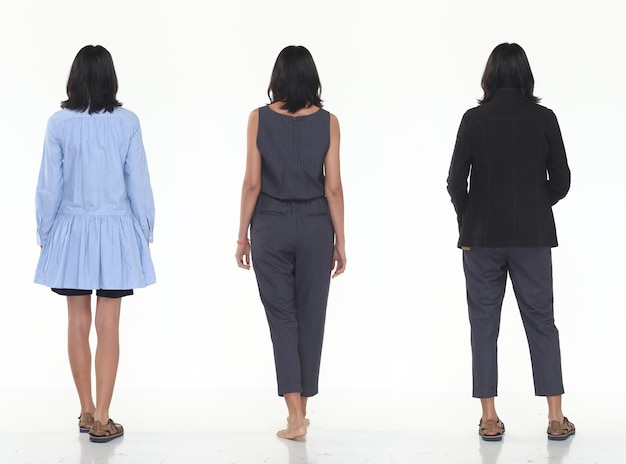 Group pack collage of Back side view of Asian Tanned skin 20s slim woman black hair stand fashion posing in Casual Dress Clothes, full length snap studio lighting white background isolated