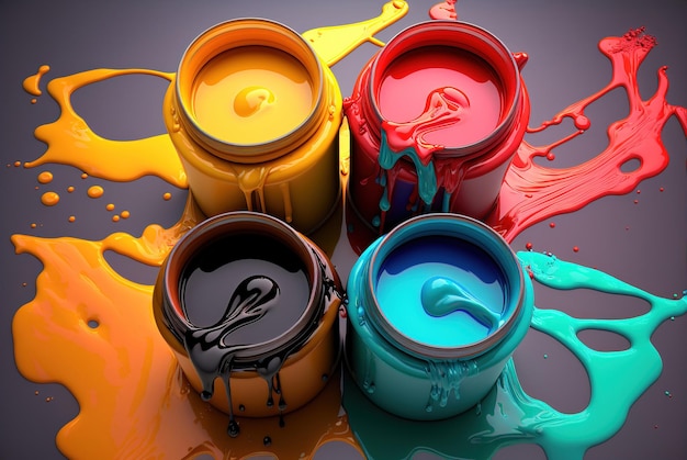 Группа банок с краской разных цветов находится на темном фоне.