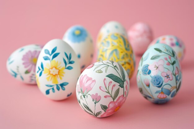 Group of Painted Eggs on Pink Surface