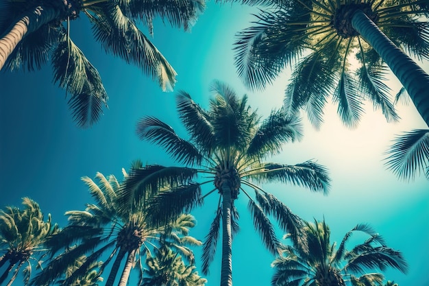 A group of palm trees against a blue sky generative AI