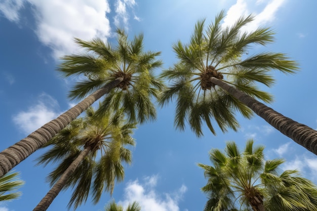 A group of palm trees reaching up into the sky generative AI