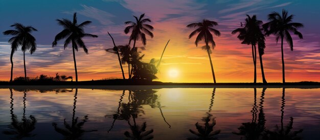 A group of palm trees in silhouette with ocean along the lake