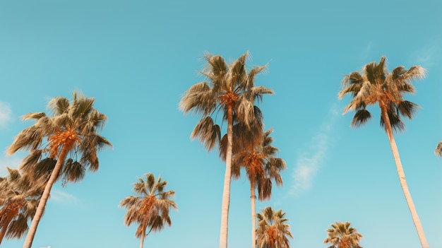 A group of palm trees with a blue sky