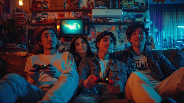 A group of pals enjoying themselves while playing video games at home friends idea Generative Ai