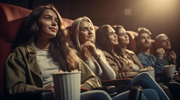 Группа приятелей вместе смотрит фильмы в мультиплексе Генеративный ИИ