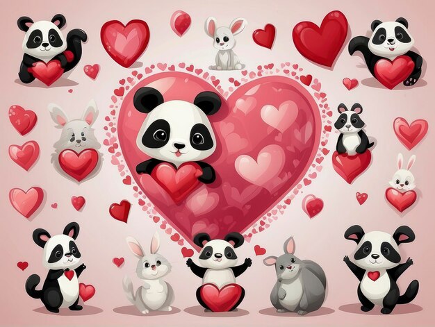 Группа медведей-панды и кроликов с сердцем, окруженным сердцами.