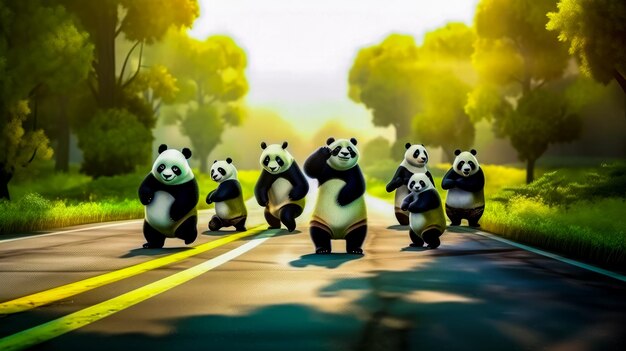 Group of panda bears riding down street next to line of trees generative ai