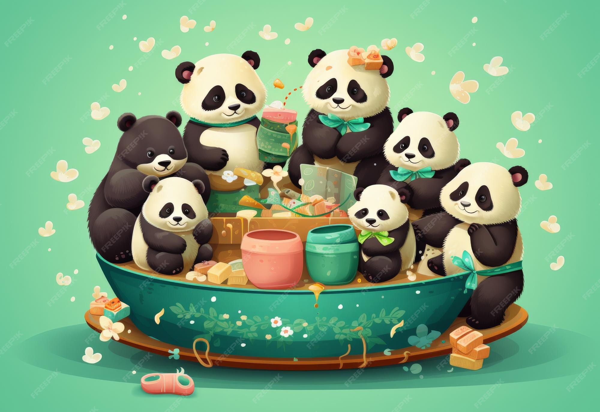 Premium Photo | Group of Panda Bears Sitting on Green Bowl