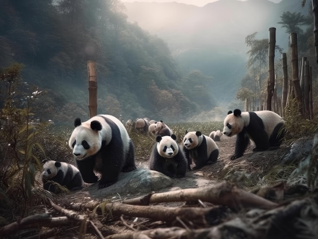 Group of Panda in natural habitat generative AI