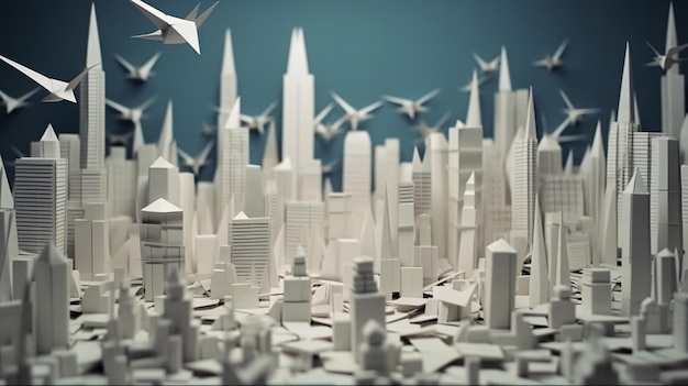 A group of paper airplanes flying over a city