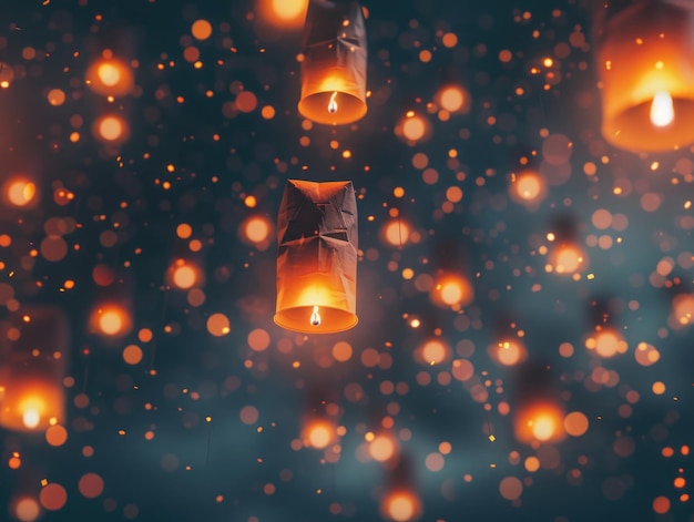 A group of paper lanterns vibrant in color gracefully float through the air lighting up the night sky