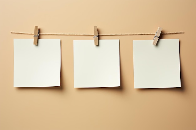 a group of paper on a rope with clothespins