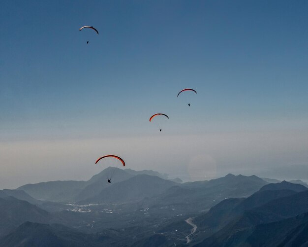 A group of paragliders are flying in the sky above a city.