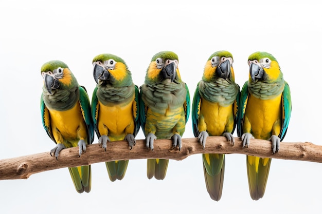a group of parrots sitting on a branch