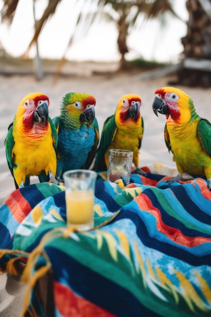 A group of parrots sitting on top of a blanket Generative AI image