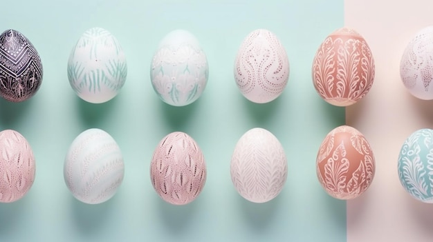 A group of pastel colored easter eggs on a blue background