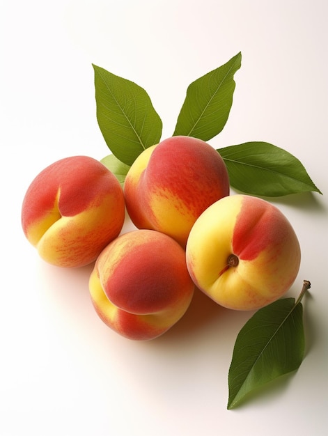 A group of peaches with a leaf on it