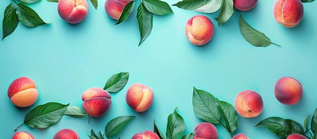 Group of Peaches With Leaves on Blue Background